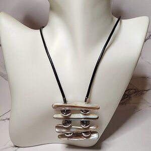 MOP Stacked Shell Slice Pendant with Silver disks and Black Cord Necklace